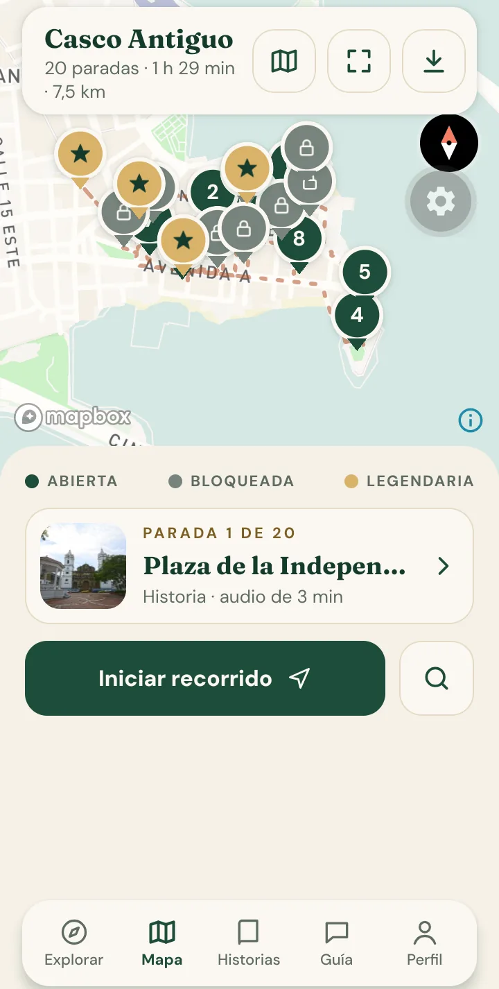 Map screen of Casco Antiguo with the stops marked and the Start tour button