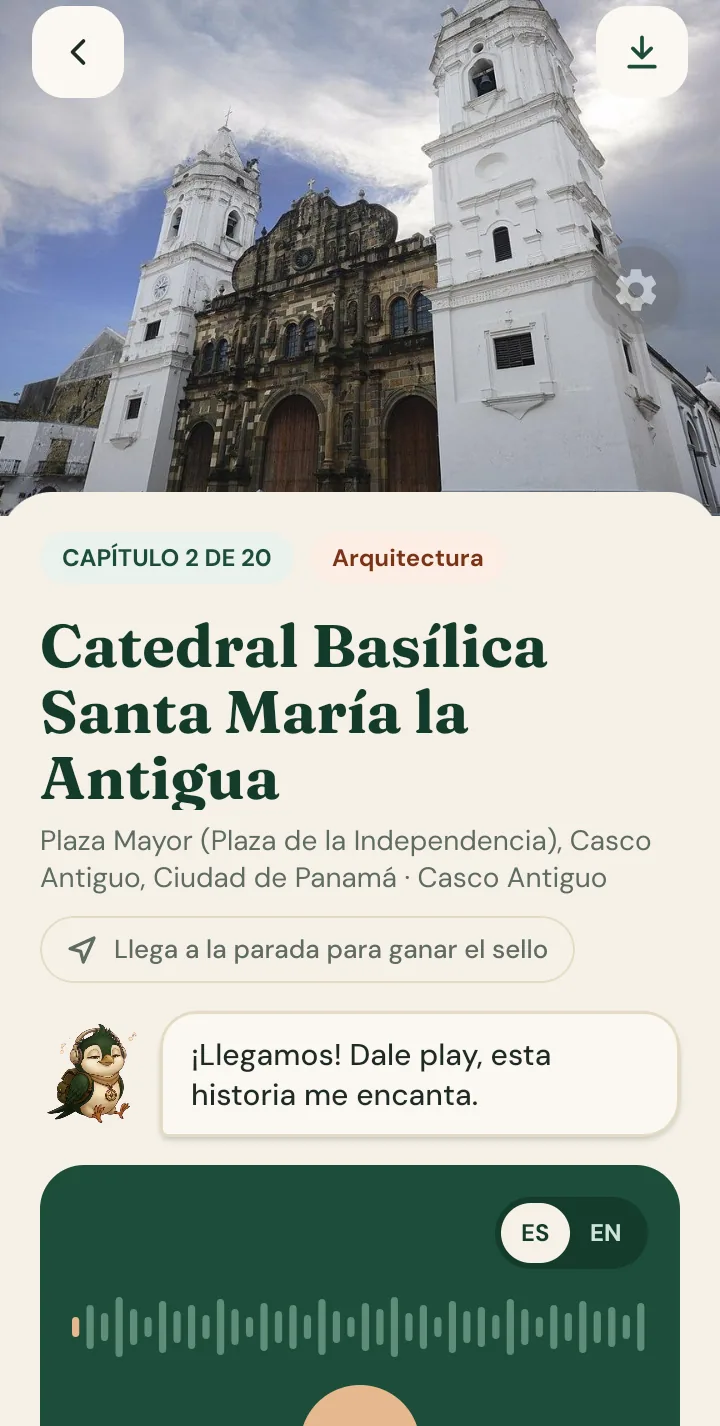Touri screen showing the story of the Santa María la Antigua Cathedral Basilica with its audio player