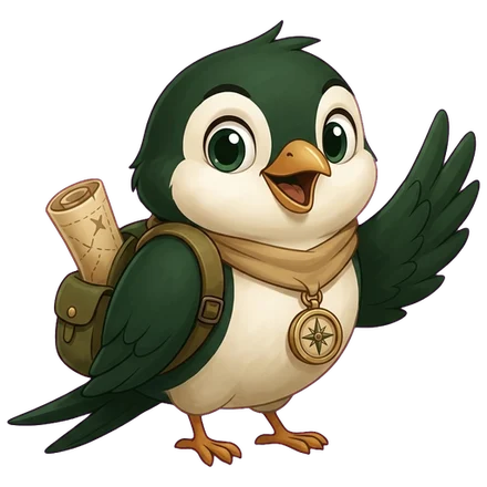 Touri, the little green bird with a scarf and compass, waving